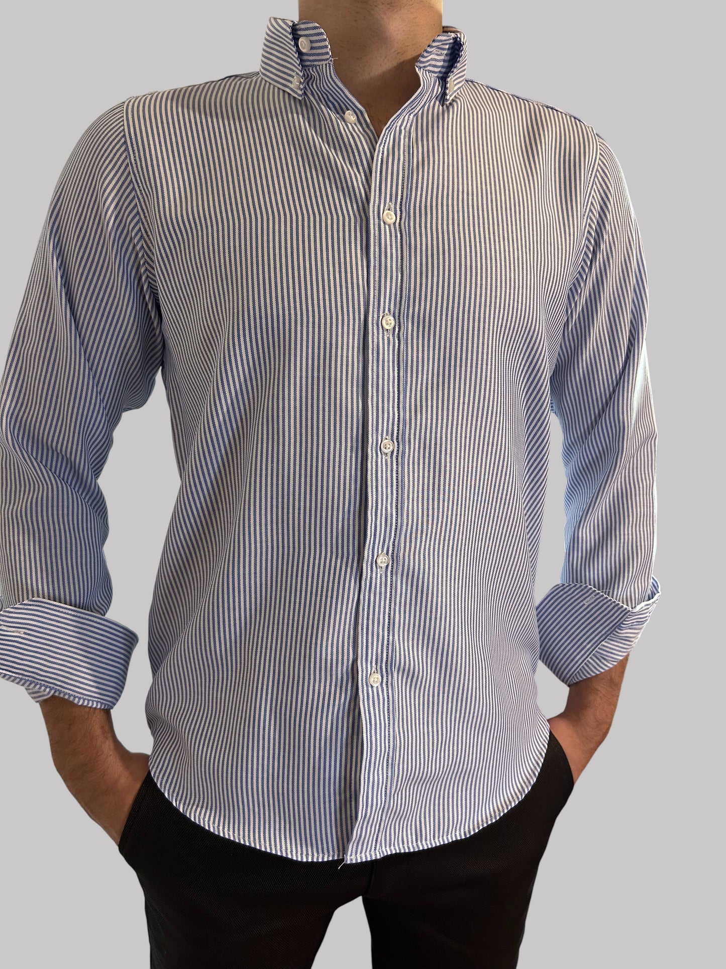 Camisa Regular Fit Risca Azul em Oxford