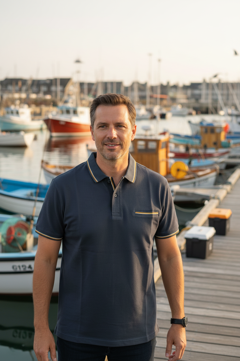 Homem de 45 anos com polo na marina