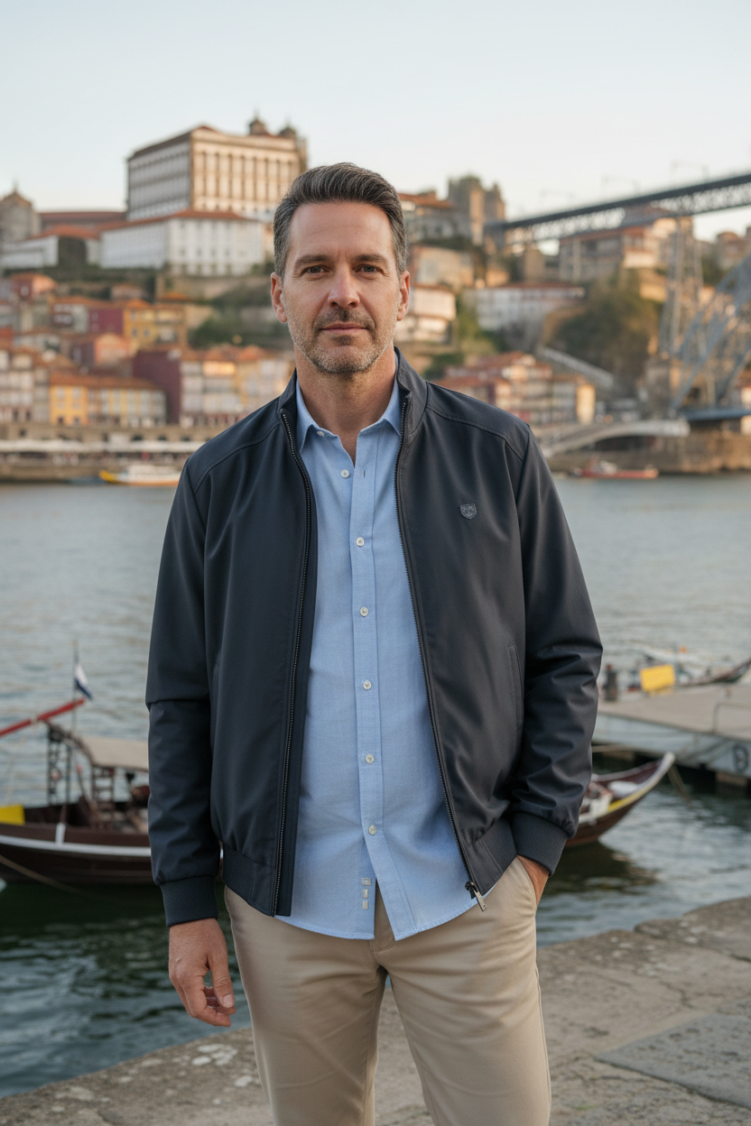 Modelo com blusão e calças bege na marginal do Porto