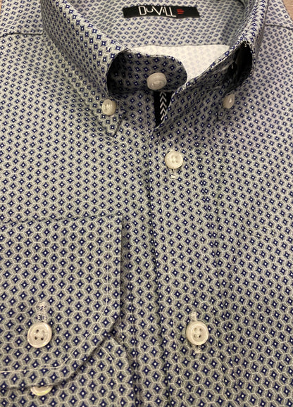 Camisa Slim Fit fantasia azul e cinza