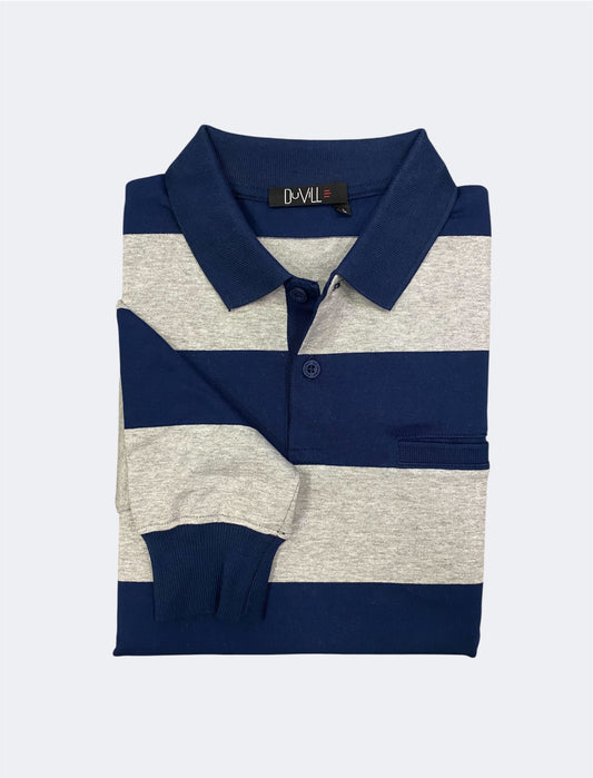 Polo Manga Comprida Risca Cinza e Azul