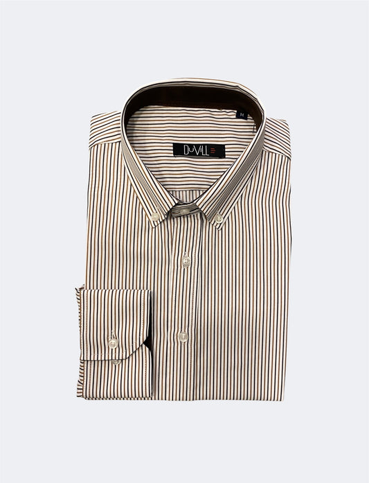 Camisa Regular Fit Risca Azul e Castanho