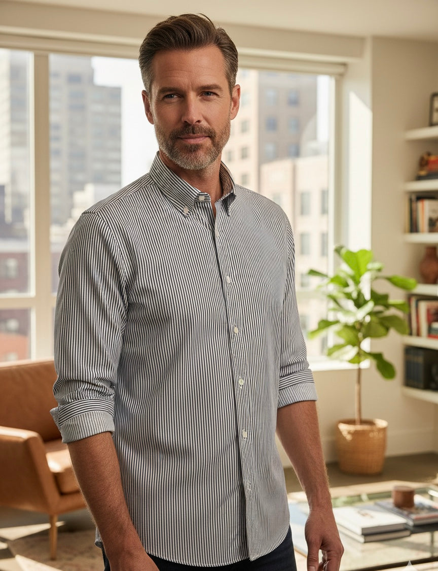 Camisa Regular Fit Risca Azul