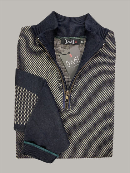 Malha de fecho azul e bege