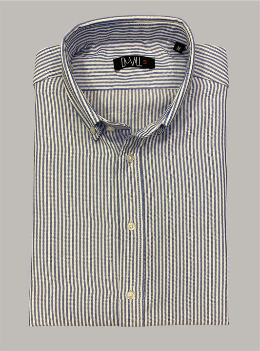 Camisa Regular Fit Risca Azul em Oxford