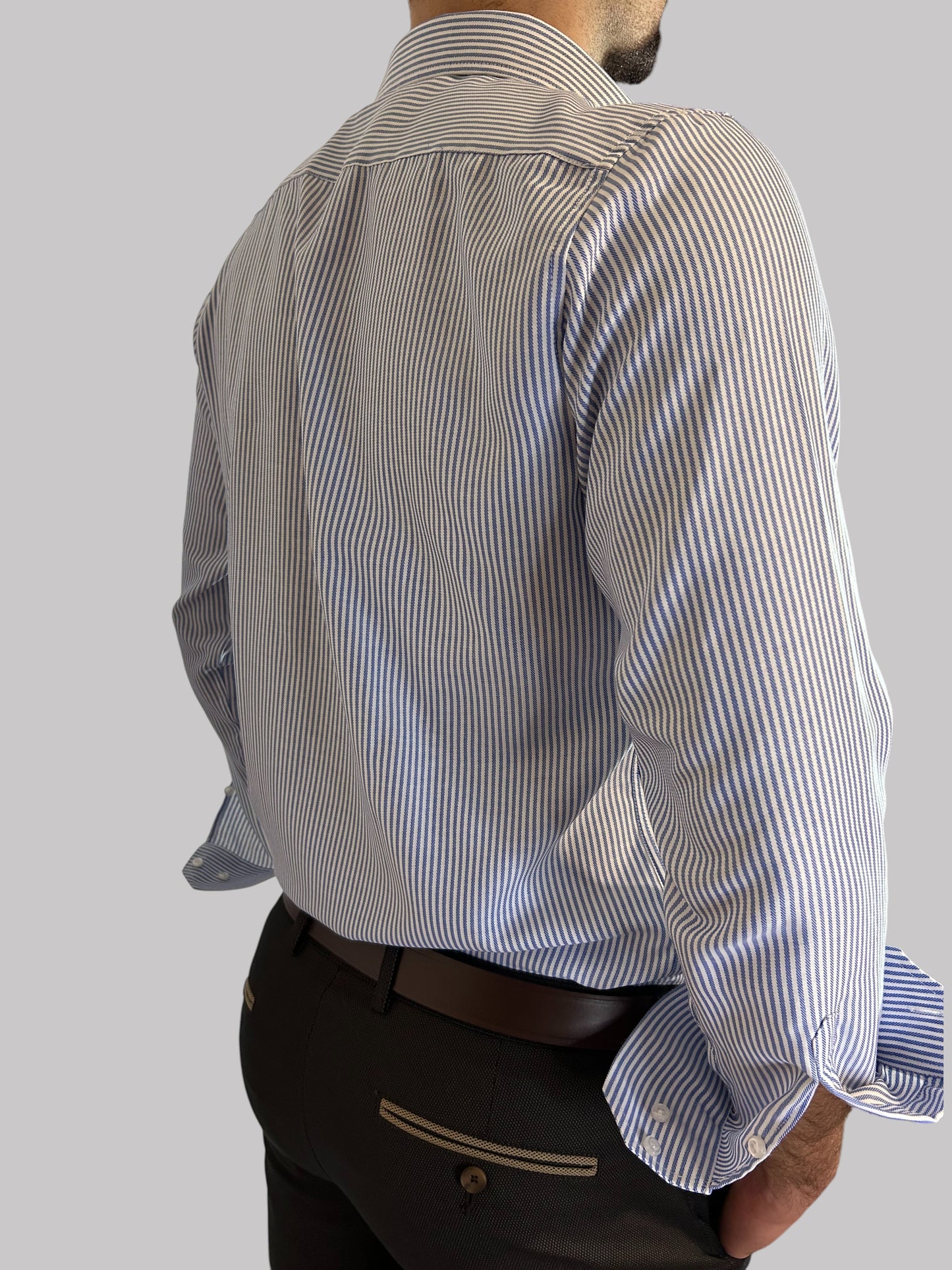 Camisa Regular Fit Risca Azul em Oxford