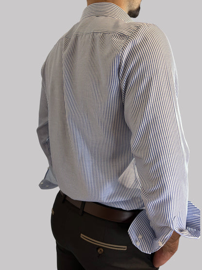 Camisa Regular Fit Risca Azul em Oxford