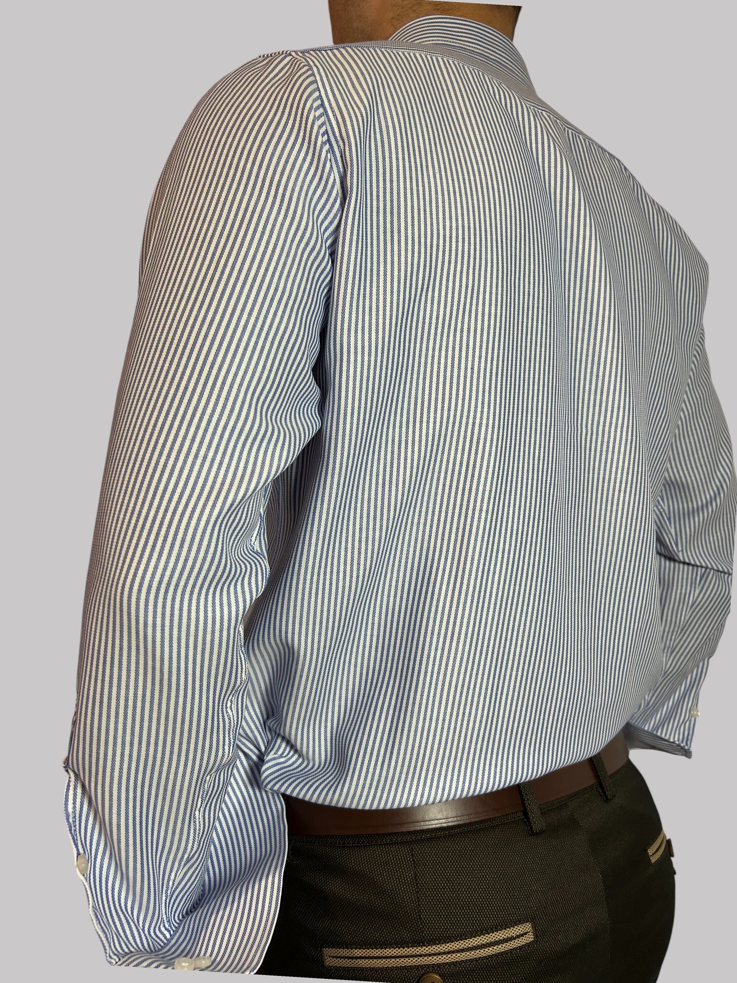 Camisa Regular Fit Risca Azul em Oxford