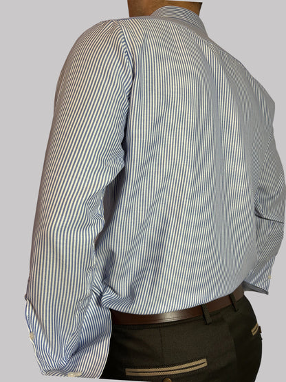 Camisa Regular Fit Risca Azul em Oxford
