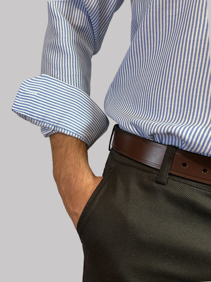 Camisa Regular Fit Risca Azul em Oxford