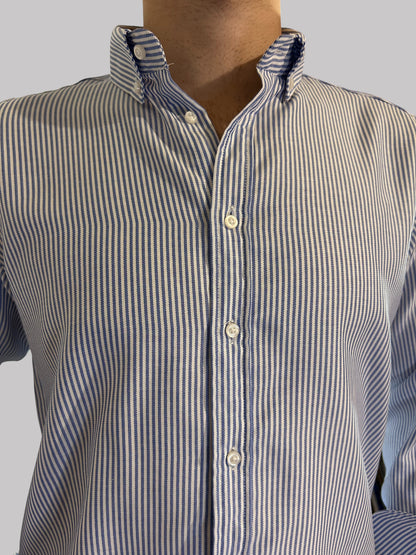 Camisa Regular Fit Risca Azul em Oxford
