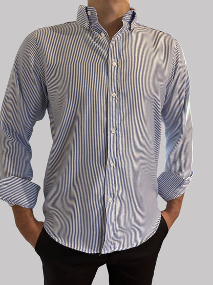 Camisa Regular Fit Risca Azul em Oxford