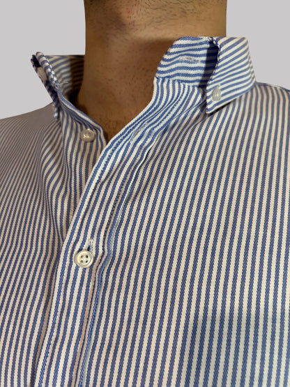 Camisa Regular Fit Risca Azul em Oxford