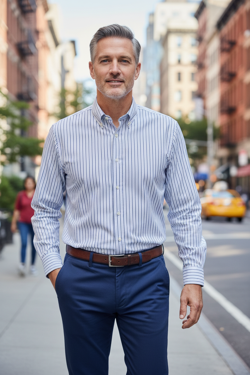 Homem com camisa DUVILL às riscas