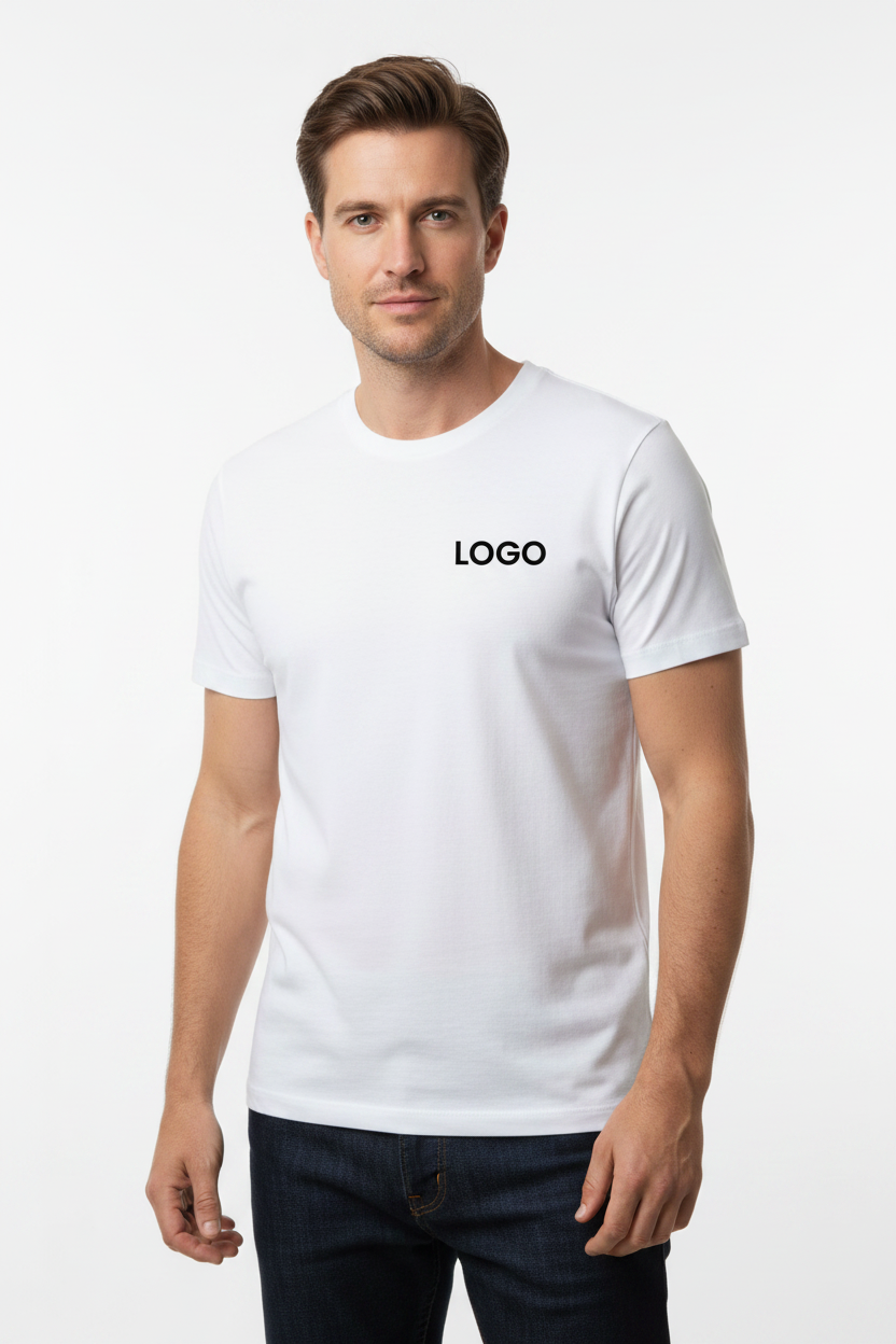 Homem com t-shirt branca LOGO