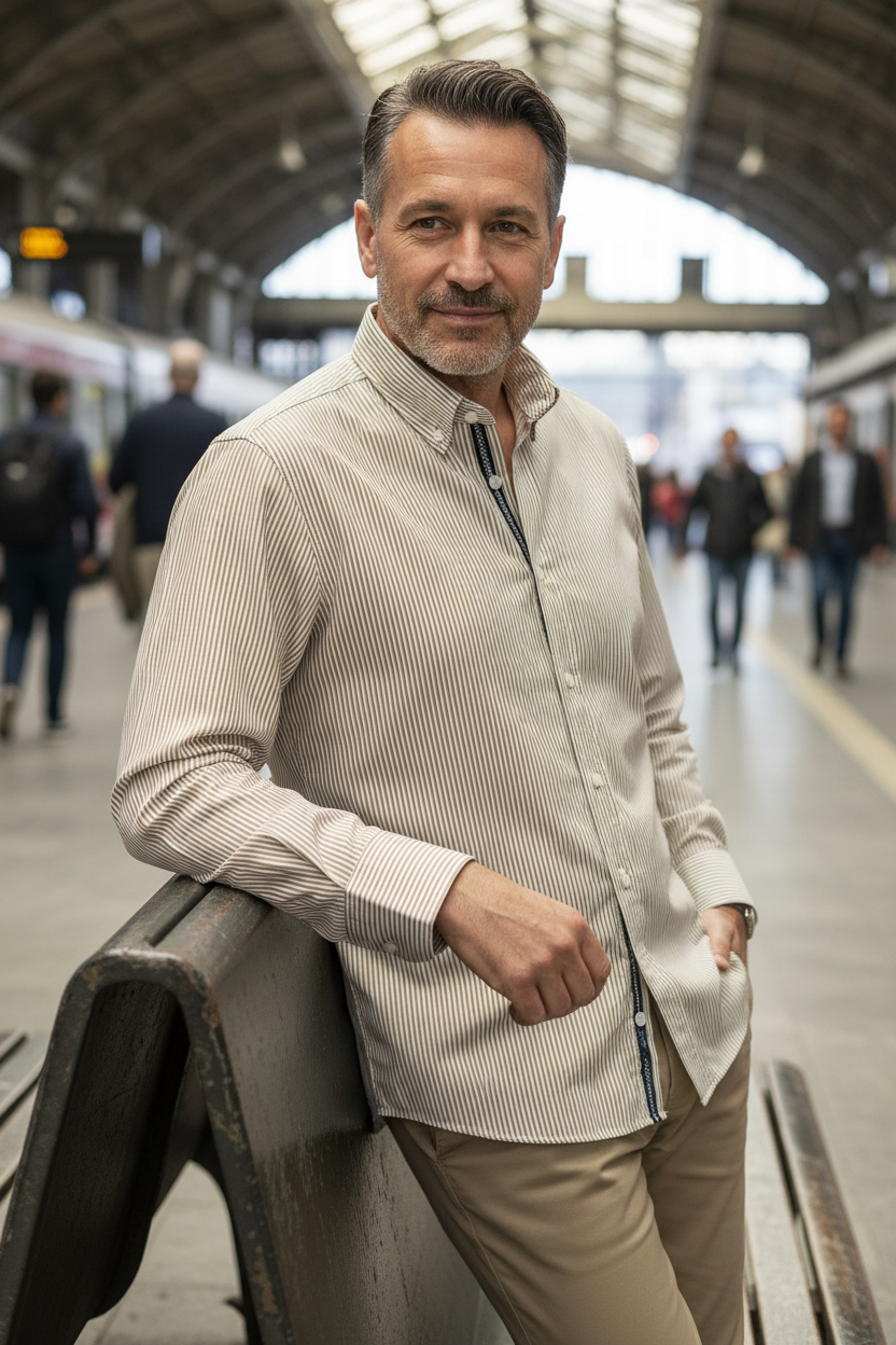 Homem de 45 anos com camisa DUVILL encostado no banco da estação
