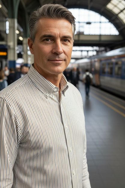Homem de 45 anos com camisa às riscas numa estação de comboios