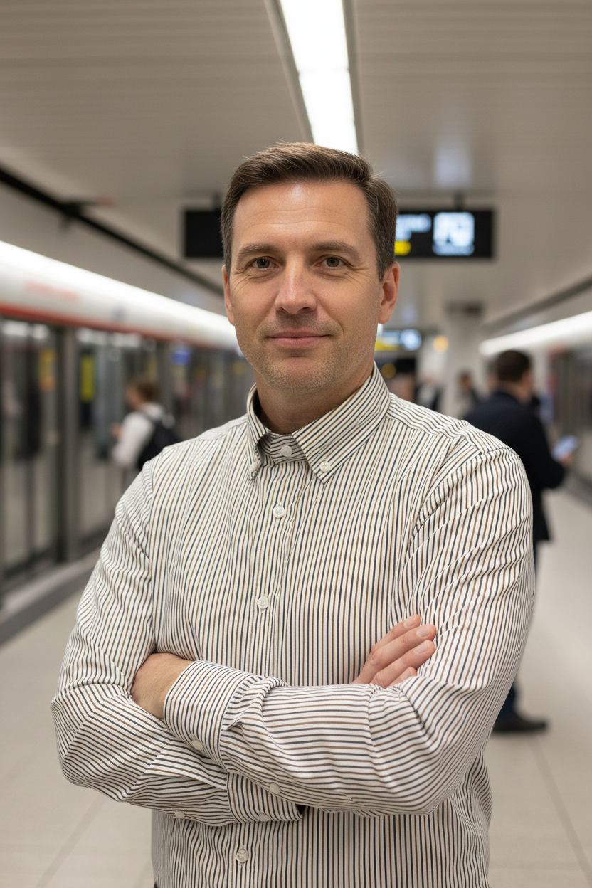 Homem de 45 anos com camisa às riscas numa estação de metro