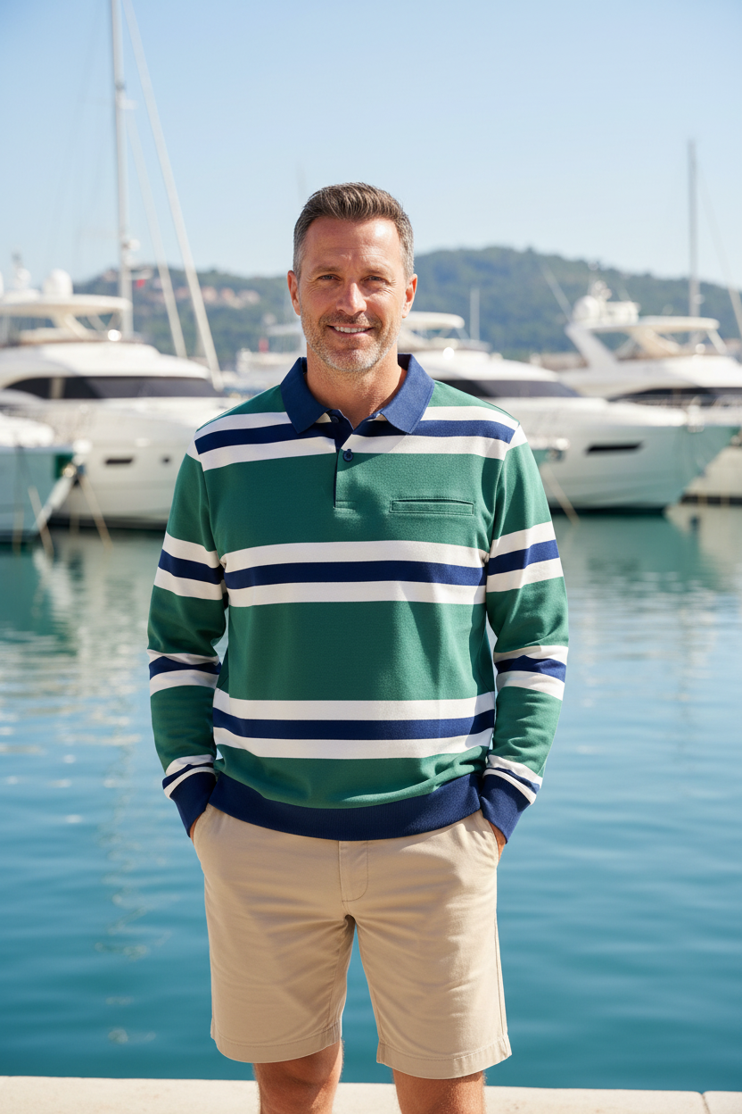 Homem de 45 anos com polo às riscas numa marina