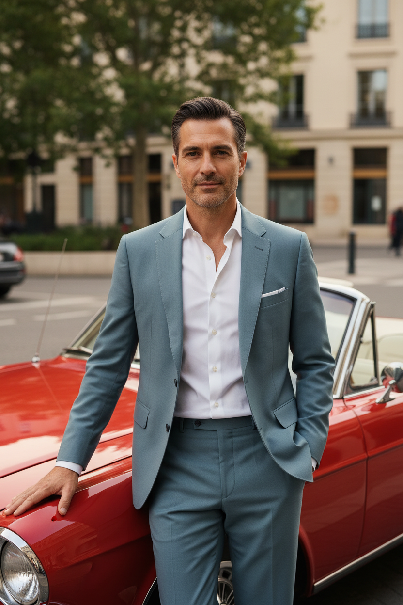 Homem DUVILL com fato azul aço junto a carro vintage vermelho