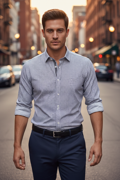 Modelo com camisa DUVILL ao fim do dia