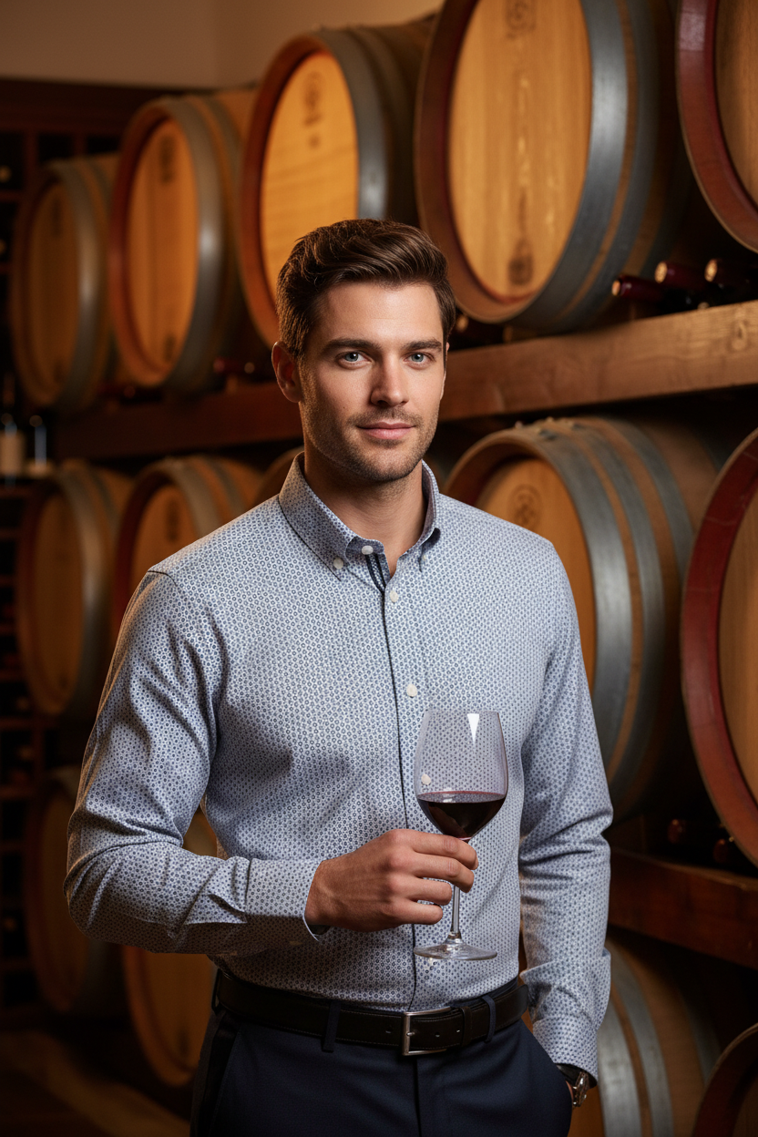 Modelo com camisa DUVILL em cave de vinhos