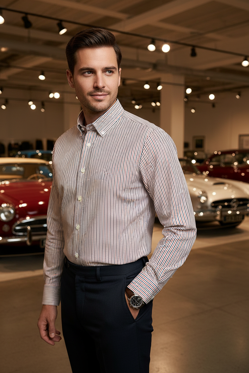 Modelo com camisa às riscas em exposição de carros antigos