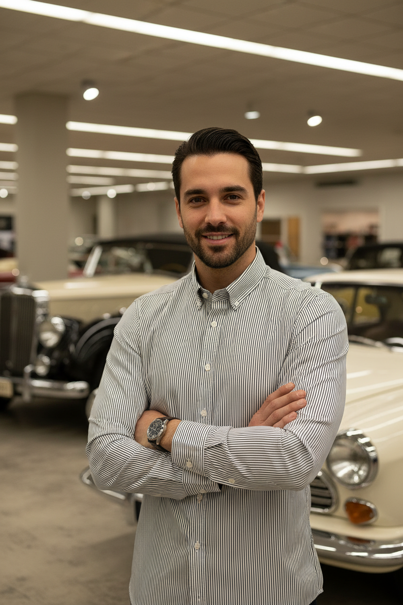 Modelo com camisa às riscas em exposição de carros antigos