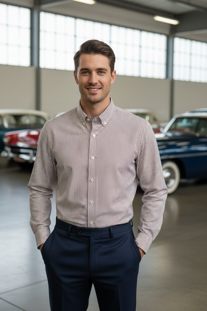 Modelo com camisa às riscas em exposição de carros antigos