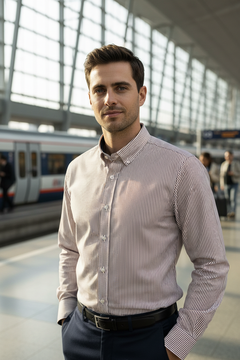 Modelo com camisa às riscas numa estação de comboios