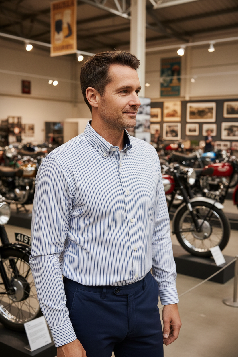 Modelo com camisa às riscas numa exposição de motas