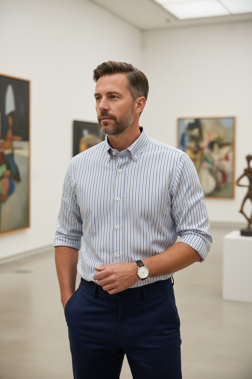 Modelo com camisa às riscas numa exposição