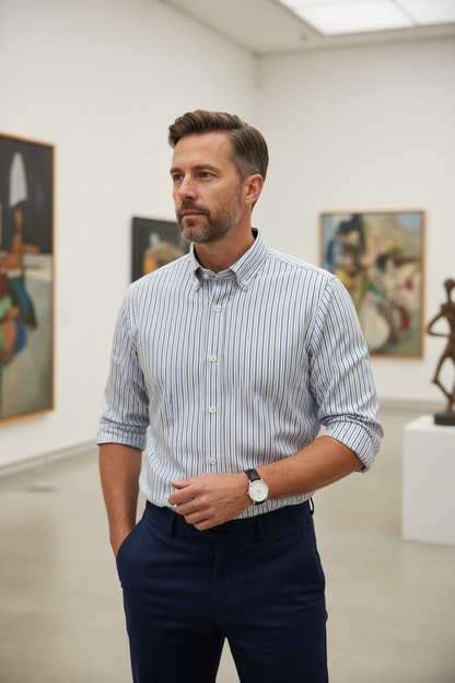 Modelo com camisa às riscas numa exposição