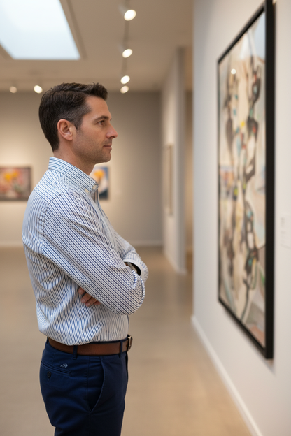 Modelo de perfil com camisa às riscas e cinto