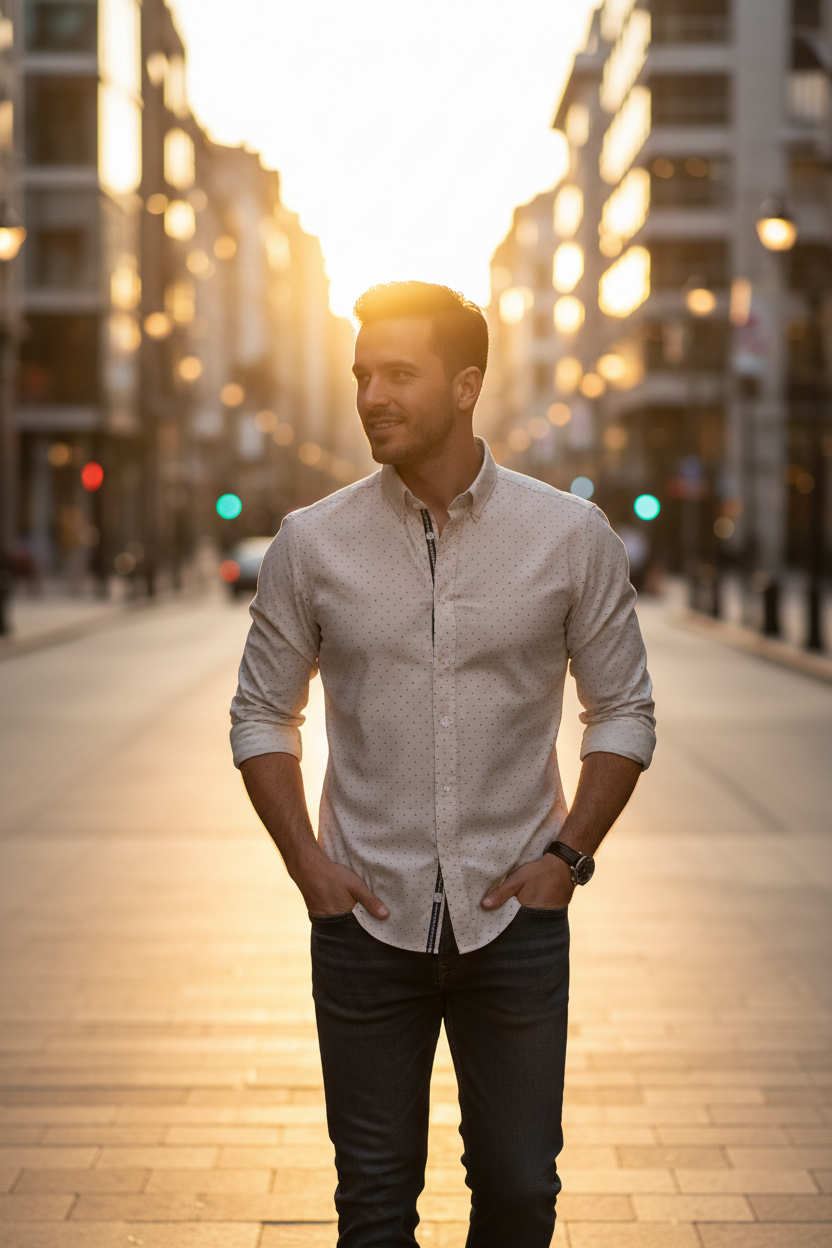 Modelo masculino com camisa DUVILL ao fim do dia