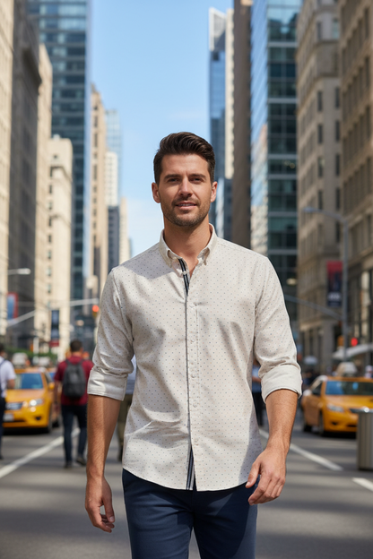 Modelo masculino com camisa em cidade cosmopolita