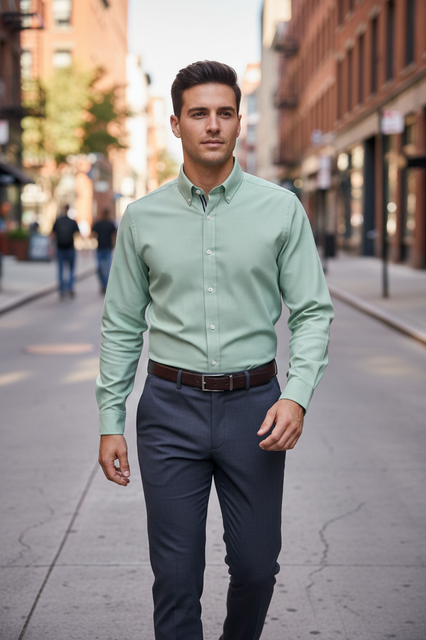 Modelo masculino com camisa verde sage sem bolso e por dentro das calças