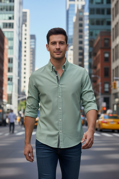 Modelo masculino com camisa verde sage sem bolso