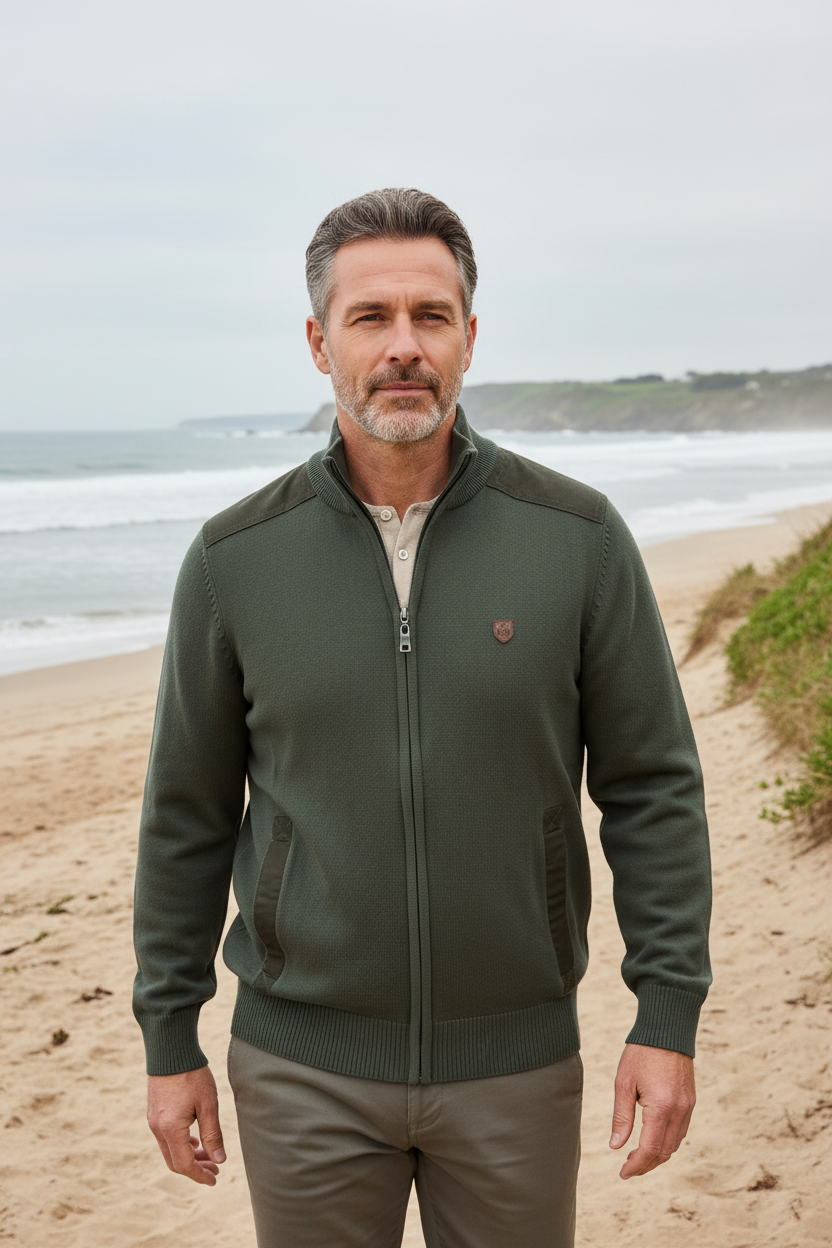 Modelo masculino com casaco junto ao mar