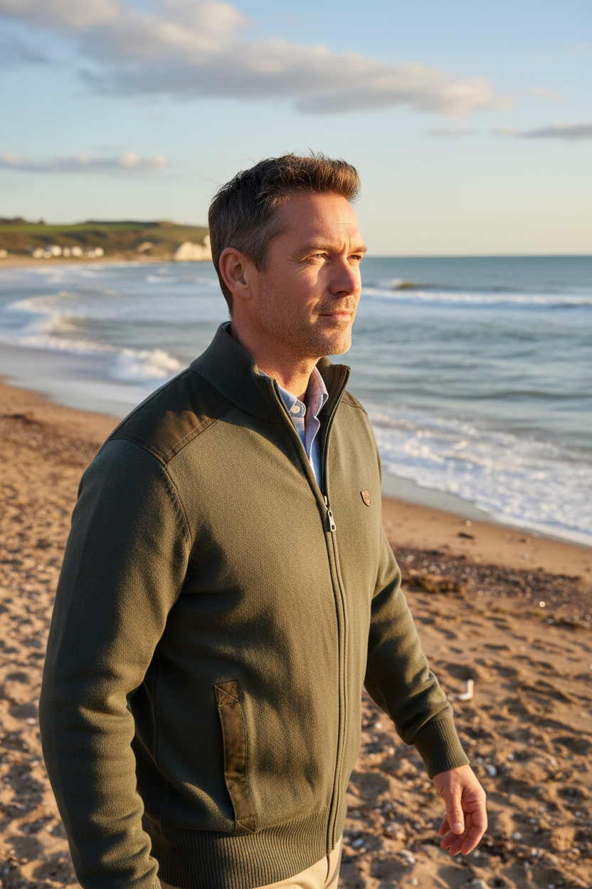 Modelo masculino de 45 anos com casaco verde junto ao mar