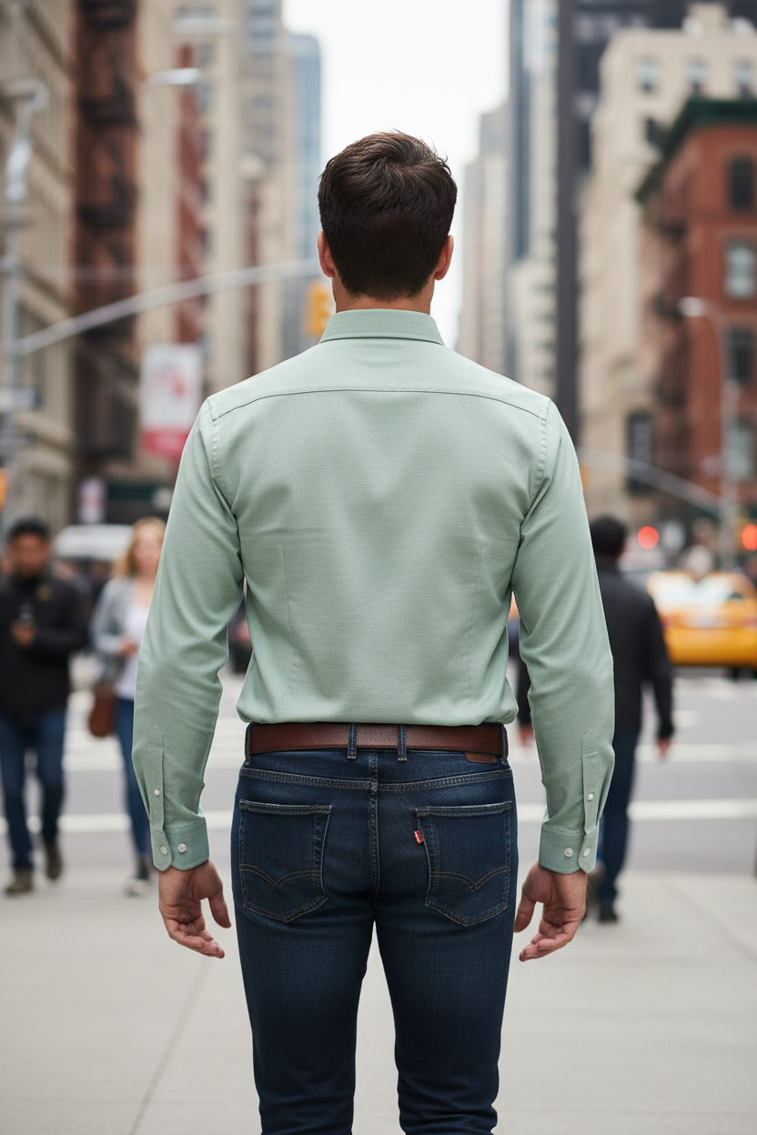 Modelo masculino de costas com camisa verde sage